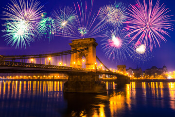 Fireworks near Chain Bridge in Budapest, New Year Eve celebration