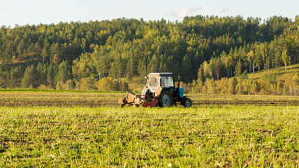 Agricultural tractor for harvesting on a sunny day, agriculture. Plant a harvest