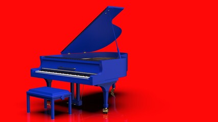 Blue Grand Piano under Red Background. 3D illustration. 3D high quality rendering. 3D CG.
