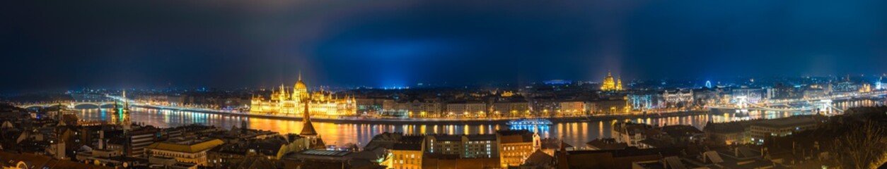 Evening panorama of Budapest overlooking Hungarian Parliament 