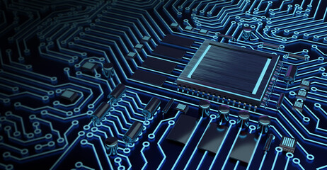 CPU Chip on Motherboard - abstract 3D render of a computer processor chip on a circuit board with microchips and other computer parts