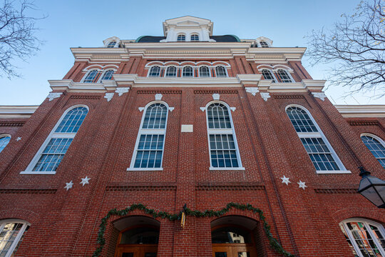 Historic brick building that serves as the City Hall of Alexandria, Virginia. Built in 1749 originally as Market Place and then used as court, after renovations in 1817 it has been used as City Hall.