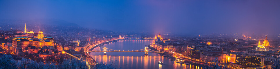 Fototapeta premium Panorama of Budapest at blue hour. Hungary