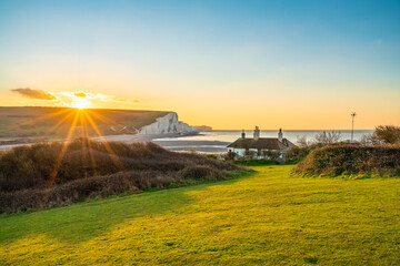 Seven Sisters white cliffs at sunrise in East Sussex. England
