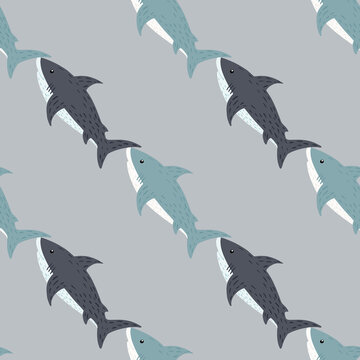 Pale seamless doodle pattern with hand drawn shark ornament. Grey background. Exotic artwork.