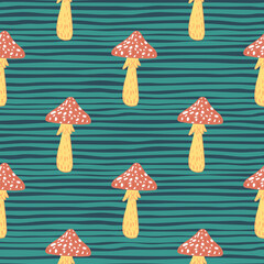 Seamless cartoon forest pattern with red and orange colored mushroom print. Blue striped background.