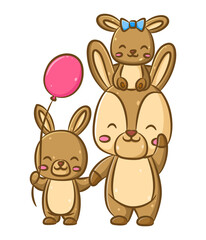 The cutes family rabbits with the mother and her children are playing together with the balloons