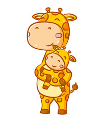 Funny tall giraffe with the orange pattern is holding his baby giraffe with his hands