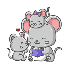 The cute family mice is sitting and reading the story book together with love heart