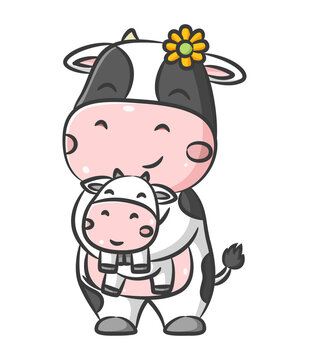 Cute big cow with the little sun flower is playing with the little baby cow together