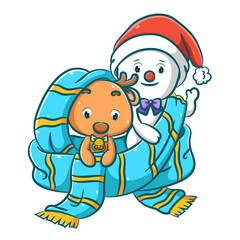 The dear with the bell and Mr. snowman is hiding in the blue shawl for the Christmas