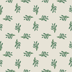 Little green leaf branches seamless hand drawn pattern. Light pink background.