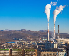 Morning industrial landscape with gas and coal power plant. Vladivostok. Russia.