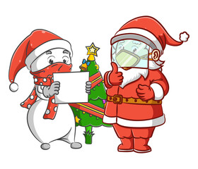 The Mr. snowman and the Santa clause is standing near the Christmas tree for celebrate the Christmas together