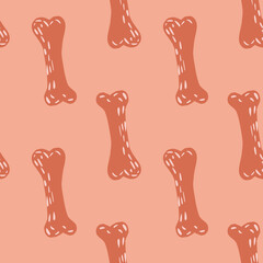 Hand drawn seamless dog pattern with bones orange silhouettes. Light pink background.