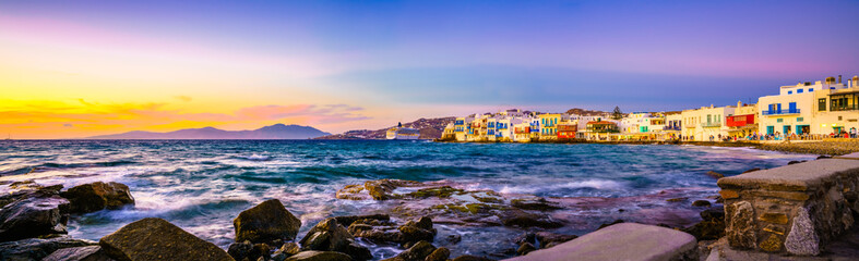 Beautiful sunset panorama of Little Venice at Mykonos Island, Greece