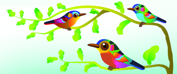 Set of Beautiful colored birds. Vector illustration
