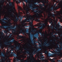 Seamless abstract tropical pattern in flat red blue black white. High quality illustration. Abstract design of red and blue overlaid to form a modern attractive abstract seamless surface design.