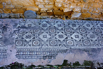 ancient Byzantine mosaic on the floor of the temple after archaeological excavations