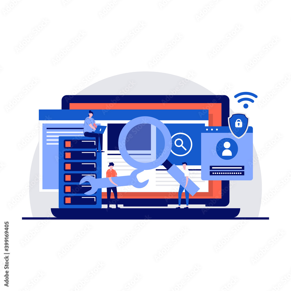 Poster cyber security service concept with tiny character. developer team access and protecting data confid