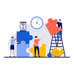 Business solution, people solving problem concept with tiny character. Partnership, office worker working, standing, connecting jigsaw puzzle and light bulb flat vector illustration