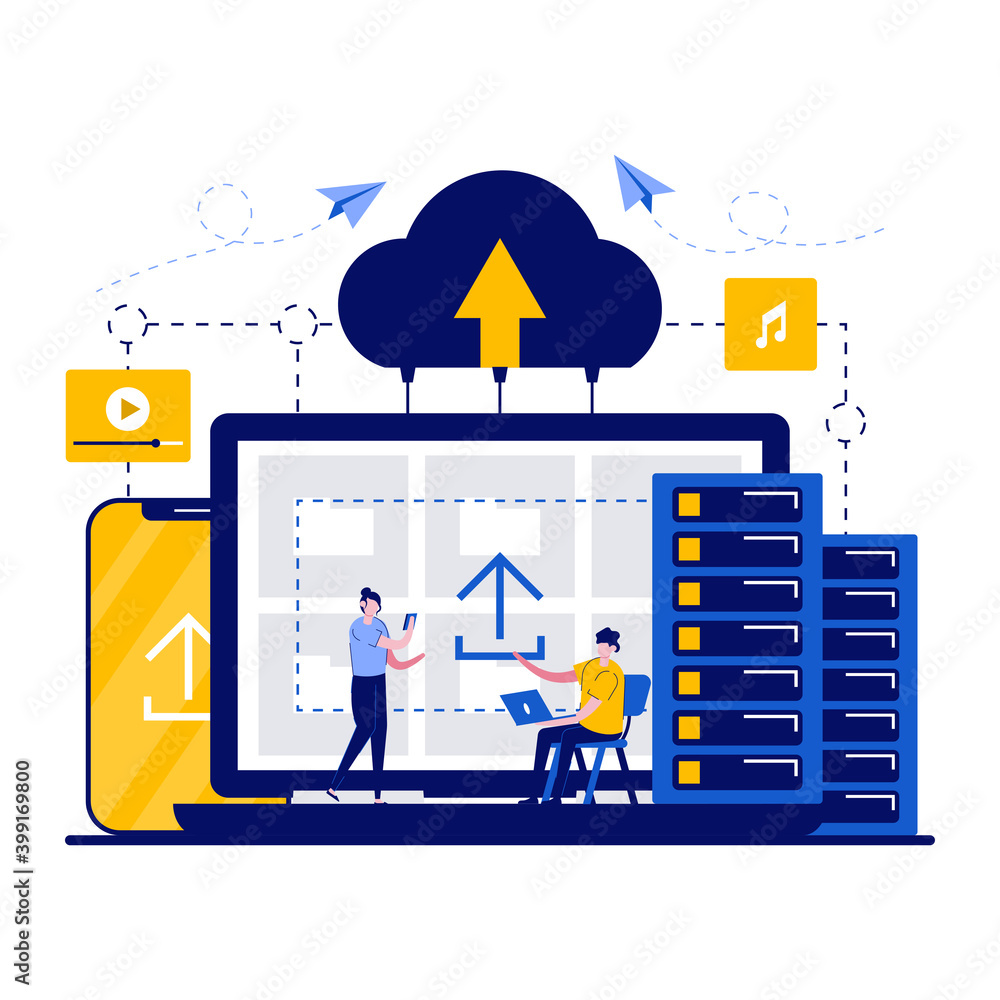 Poster cloud data storage technology concept with tiny character. people upload photo documents and files t