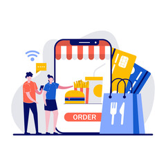 Buy food online concept with tiny character. Buyer using smartphone order app for ordering fast delivery from website grocery flat vector illustration. Can use for web banner or landing page idea