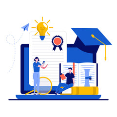 Online education school concept with tiny character. Student graduate study, training at distance and graduating flat vector illustration. Virtual course with diploma, educational digital metaphor