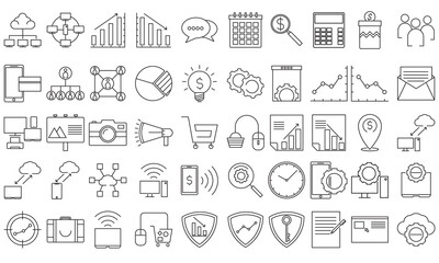 Fototapeta na wymiar Simple Set of SEO and Marketing Related Vector black outline Icons. Contains such as Mail Marketing, people, cloud connections, Target Audience, Product Presentation and more.