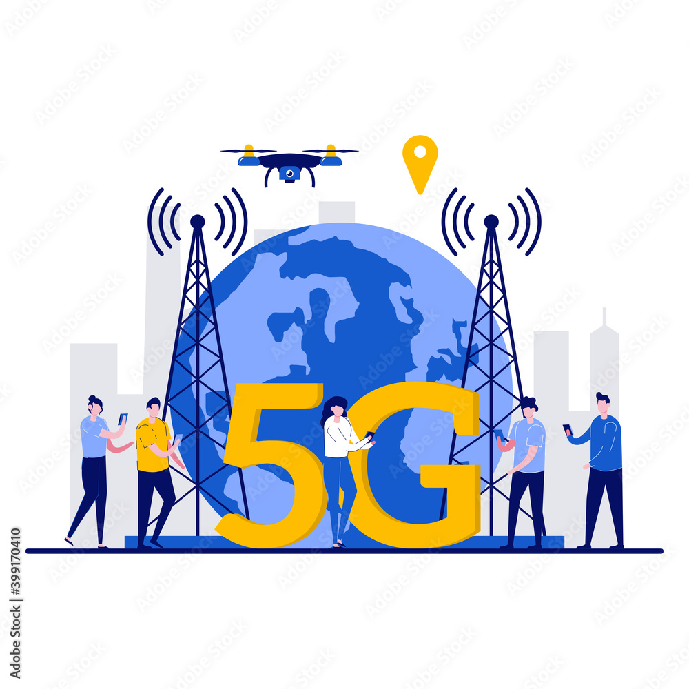 Aufkleber 5g network wireless technology concept with tiny character. people using high speed internet flat ve