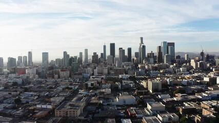 Super wide reverse aerial shot of Downtown Los Angeles skyline in 2020. 4K