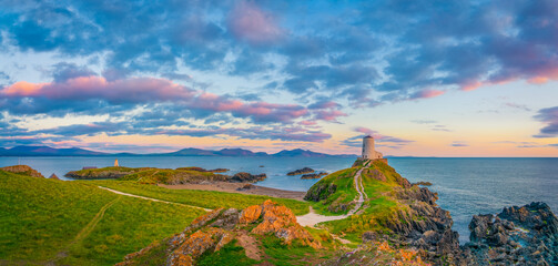 Ty Mawr Lighthouse at sunset on Llanddwyn Island in North Wales