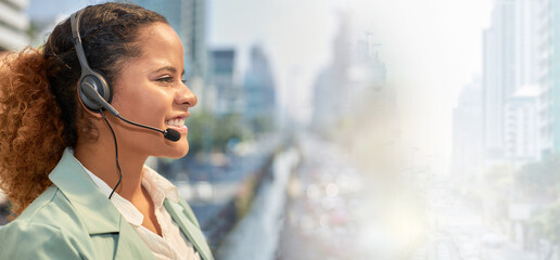 African American woman wears headphones as operators to report or answer traffic problems.
