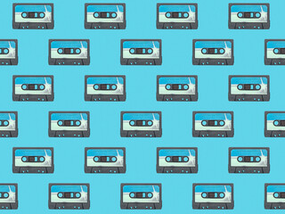 Seamless pattern of blue cassettes on a blue background.