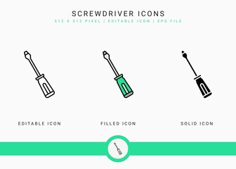 Screwdriver icons set vector illustration with solid icon line style. Carpenter tool building concept. Editable stroke icon on isolated background for web design, user interface, mobile application