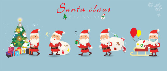 Cartoon Christmas illustrations set. Funny happy Santa Claus character with gift, bag with presents, Sleigh and christmas tree, waving and greeting, For Christmas cards, banners, tags and labels.
