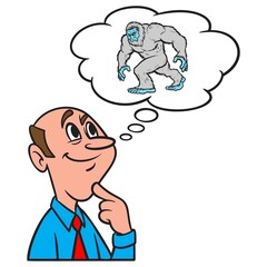 Thinking about a Yeti - A cartoon illustration of a man thinking about a Yeti. 