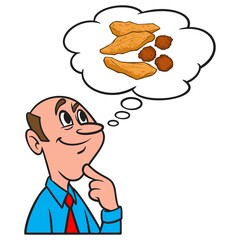 Thinking about Fried Fish and Hushpuppies - A cartoon illustration of a man thinking about eating Fried Fish and Hushpuppies.
