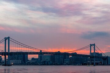 Bridge and buildings against the the red sky after sundown