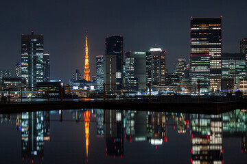 Night view of Tokyo reflected on the surface of the water