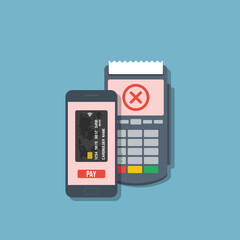 failed mobile phone contactless transaction, flat vector illustration