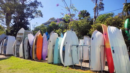 Rowing Boats stacked on the shore, Church Point Sydney New South Wales, Australia