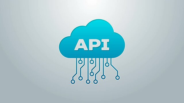 Blue line Cloud api interface icon isolated on grey background. Application programming interface API technology. Software integration. 4K Video motion graphic animation