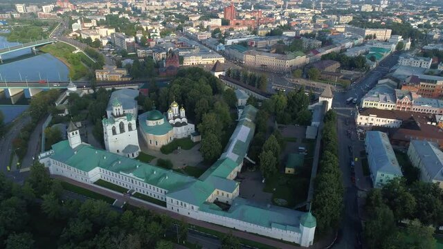 View from the height of the Spaso-Preobrazhensky monastery, July morning (aerial video). The Golden ring of Russia, Yaroslavl