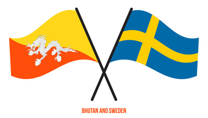Bhutan and Sweden Flags Crossed And Waving Flat Style. Official Proportion. Correct Colors.
