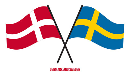Denmark and Sweden Flags Crossed And Waving Flat Style. Official Proportion. Correct Colors.