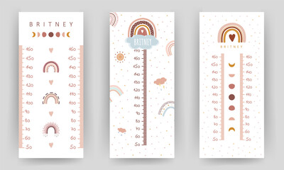 Set of kids height charts. Meter wall with cute boho rainbow. Vector illustration in doodle cartoon style. Childish growth chart. Poster template for nursery design.