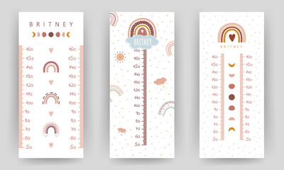 Set of kids height charts. Meter wall with cute boho rainbow. Vector illustration in doodle cartoon style. Childish growth chart. Poster template for nursery design.