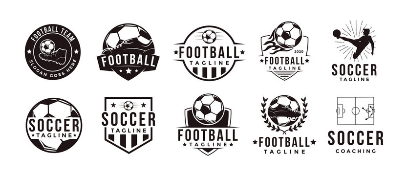 Set Of Vintage Football Soccer Sport Team Club League Logo With Soccer Football Equipment Vector On White Background