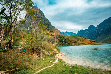 Fototapeta na wymiar Amazing mountain and river landscape at Ha Giang province. Ha Giang is a northernmost province in Vietnam